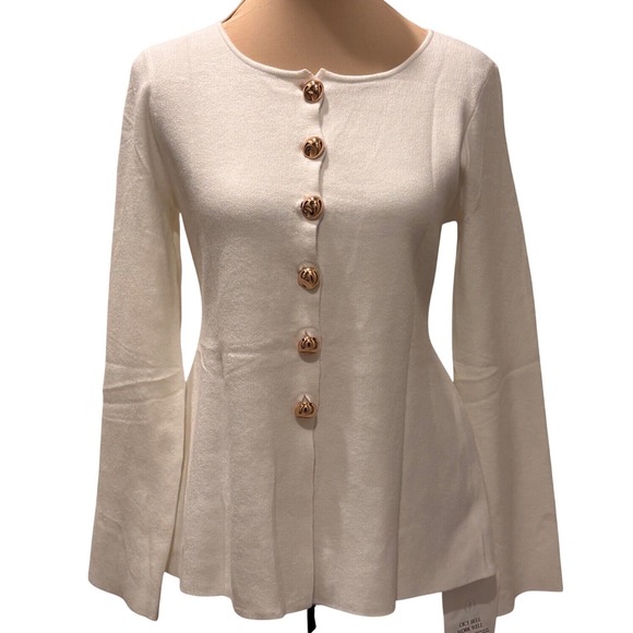 Cicy Bell Sweaters - Cicy Bell Peplum Cardigan Women Medium White Gold Button Long Sleeve